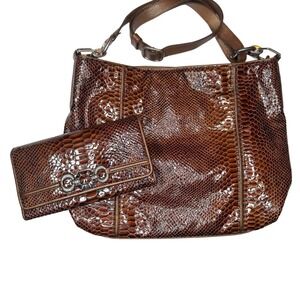 Vintage Brighton Set Brown Snake Print Purse Bag Slouchy Leather Matching Wallet